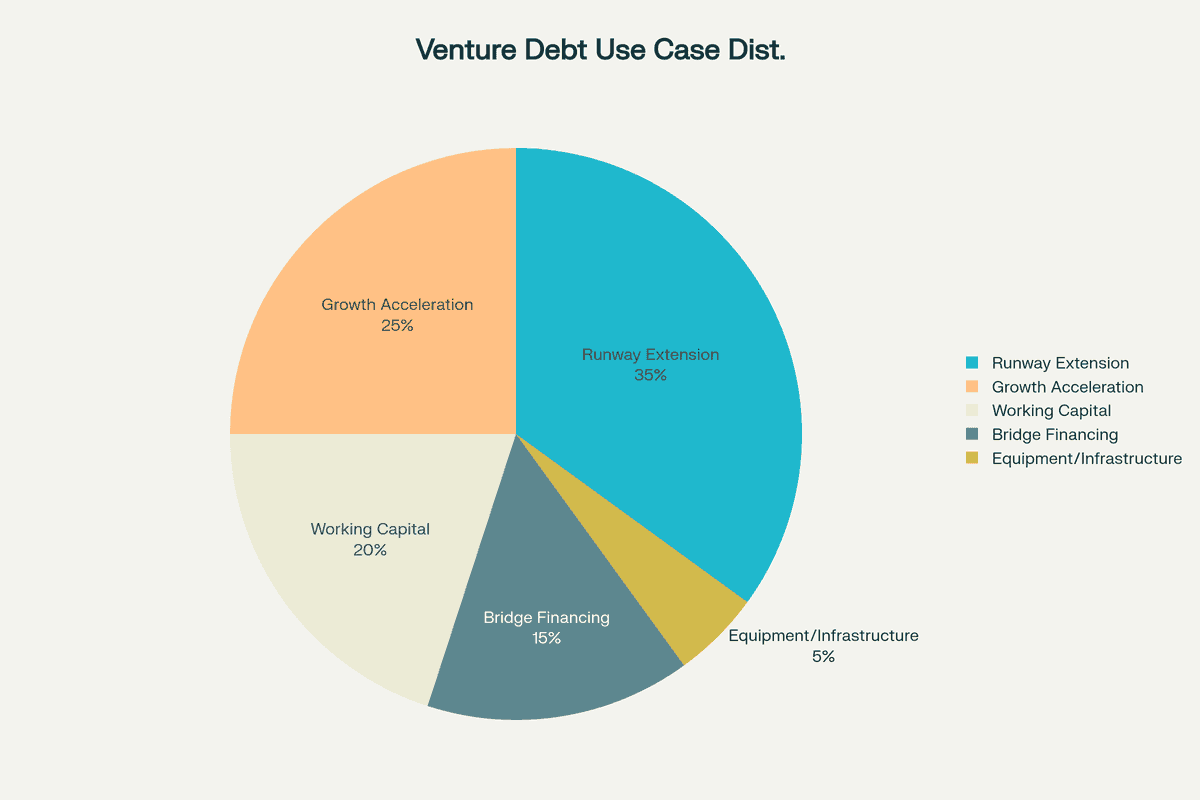 Venture Debt Use Cases: Strategic applications showing runway extension as the primary use at 45% of deployments