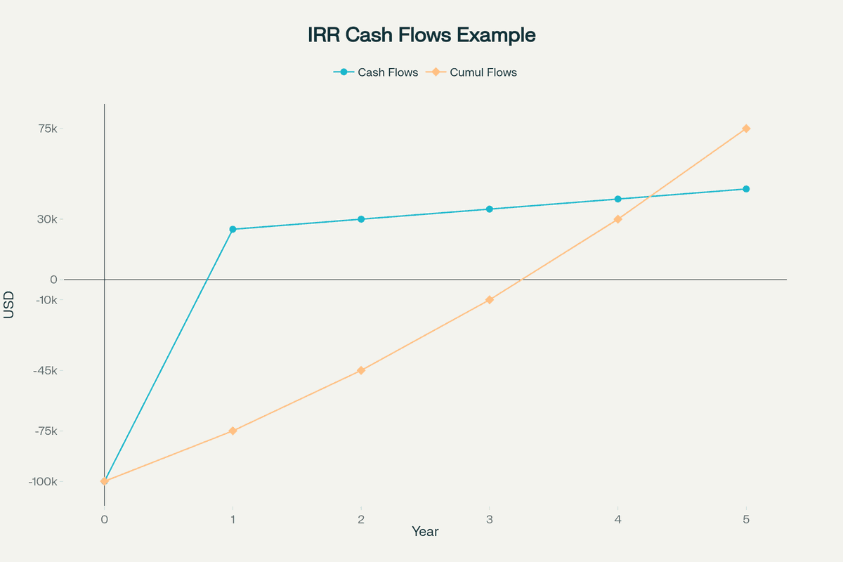 IRR Calculation Example showing cash flow analysis over a 5-year investment period with initial outflow and subsequent positive inflows