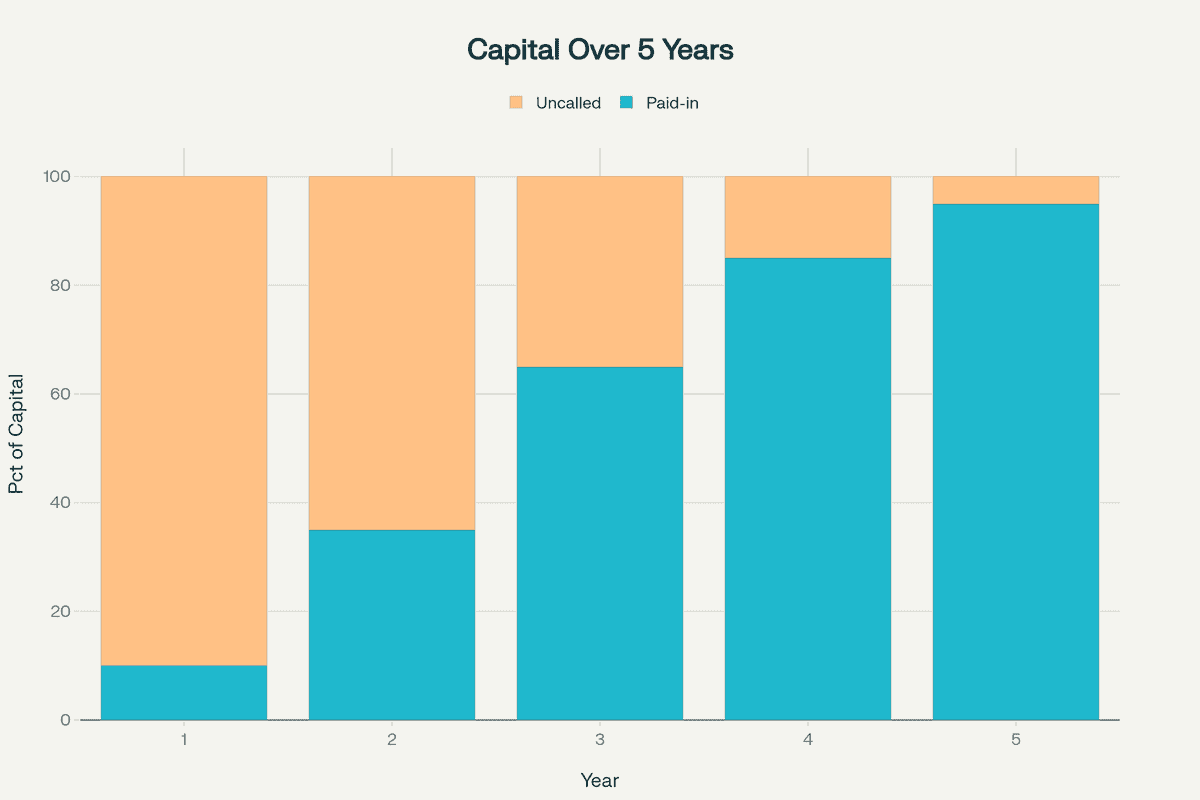 Capital deployment progression from committed to called to invested capital over 5-year commitment period
