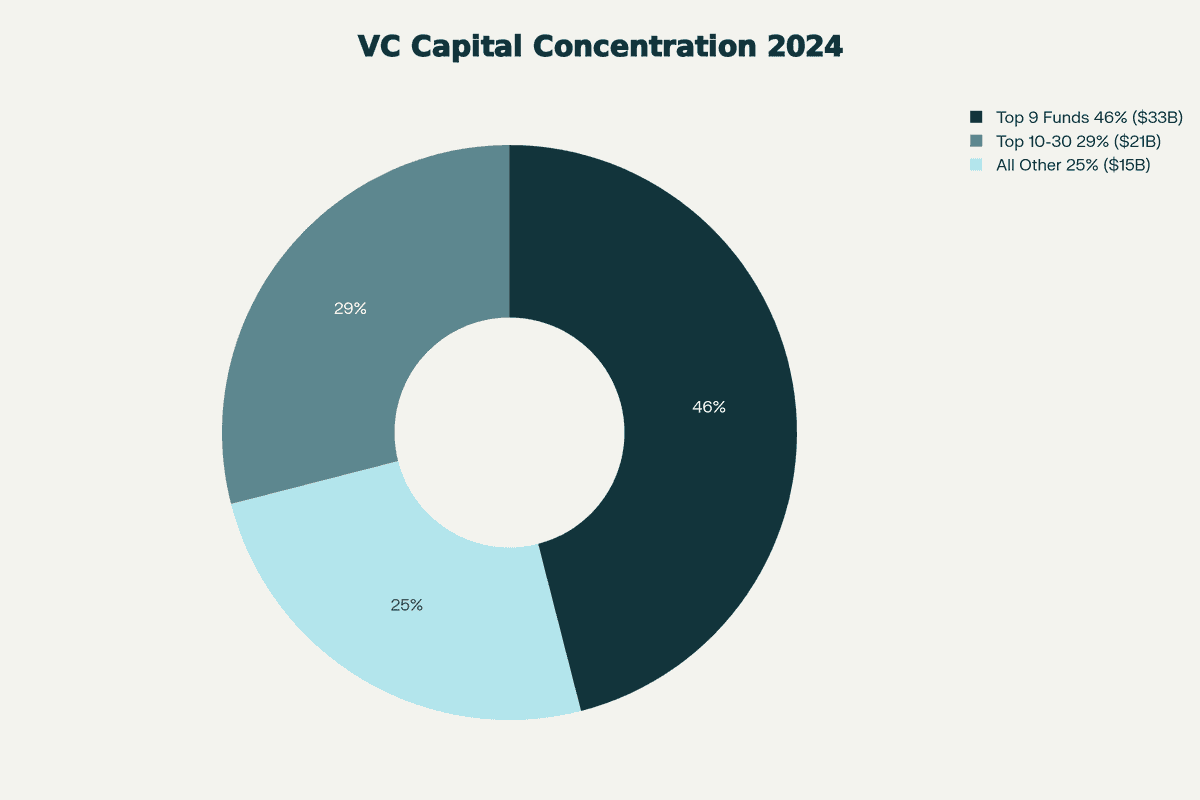 Concentration by fund category bar chart showing top 9 funds raised 46% and top 30 raised 75% of total capital