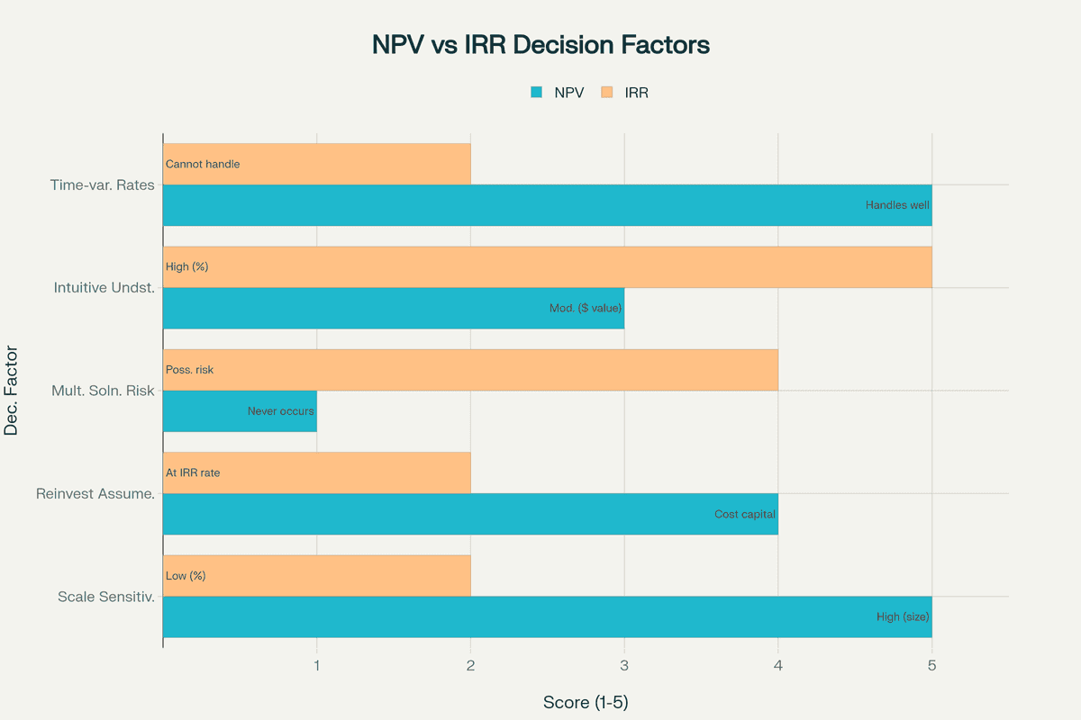 NPV versus IRR comparative analysis showing key decision-making characteristics and when to use each metric