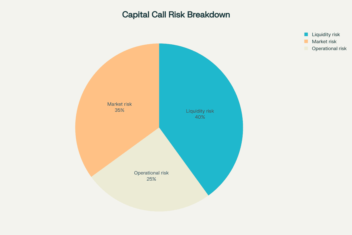 Composition of capital call risk types showing liquidity risk, market risk, and operational risk distributions