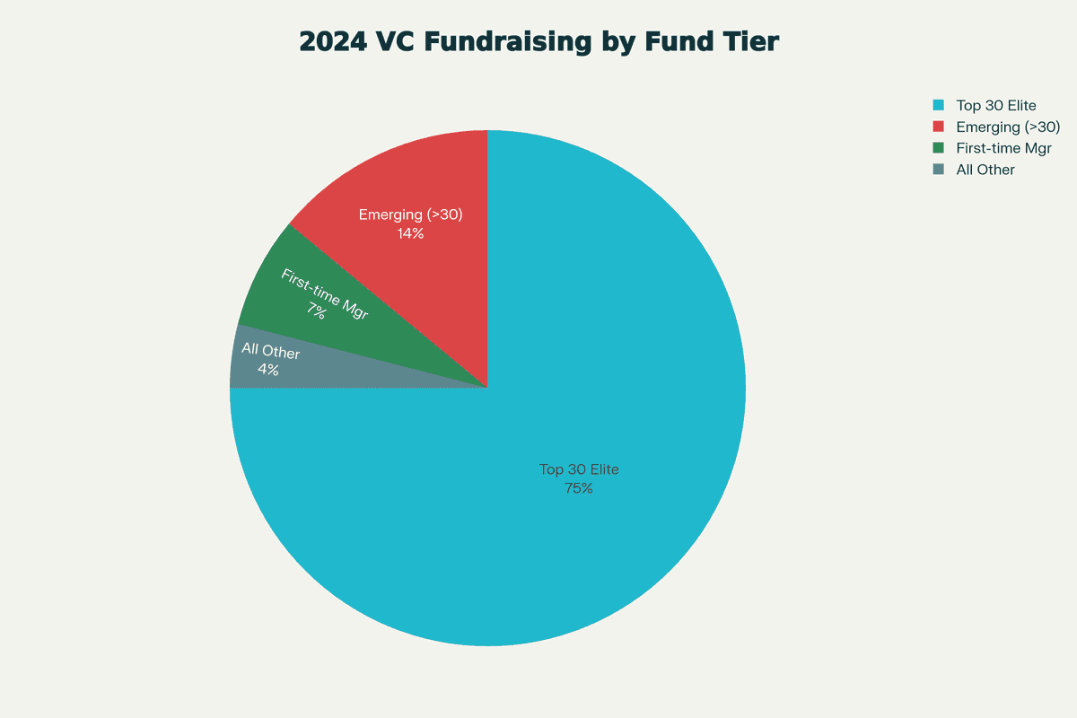 Market bifurcation pie chart showing 75% of VC capital went to top 30 funds while emerging managers received only 25%