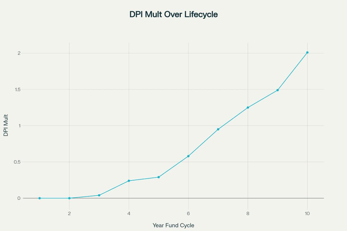 DPI progression over a typical 10-year private equity fund lifecycle showing gradual increase from 0x to target multiples