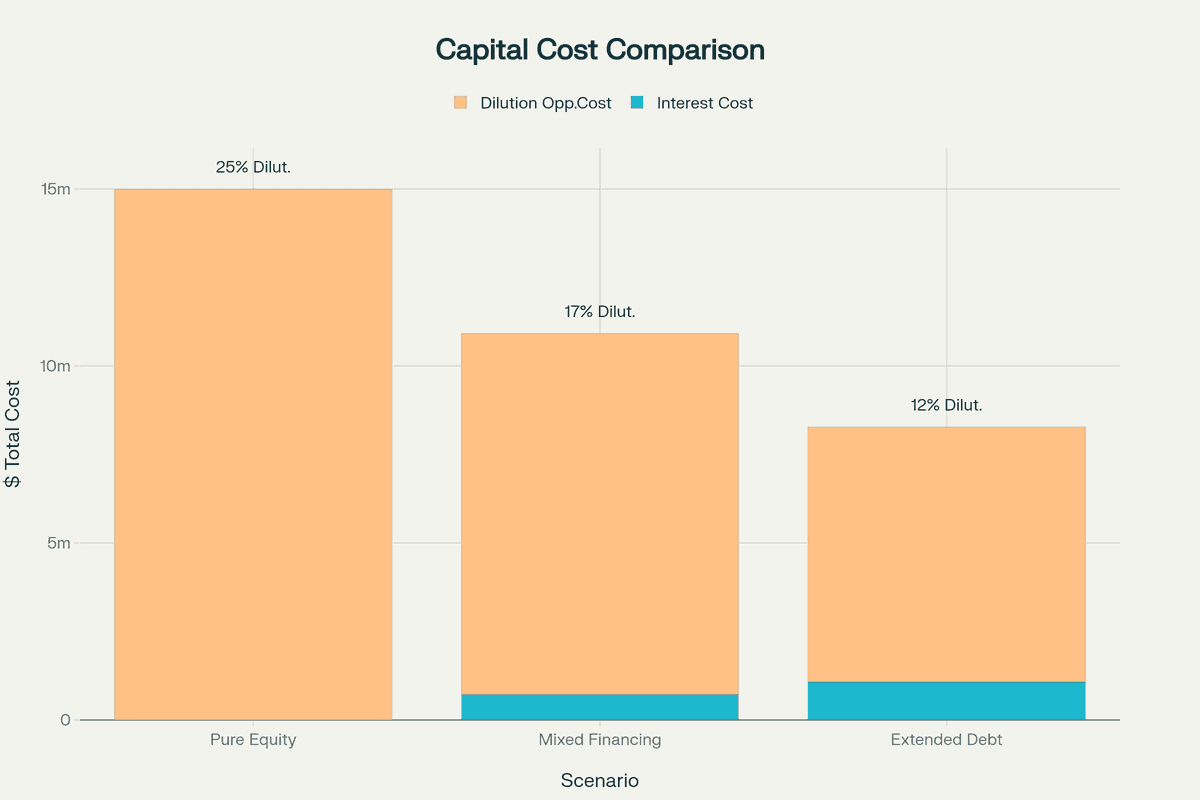Cost of Capital Analysis: Pure equity versus mixed debt-equity strategies for $5M funding showing significant cost advantages