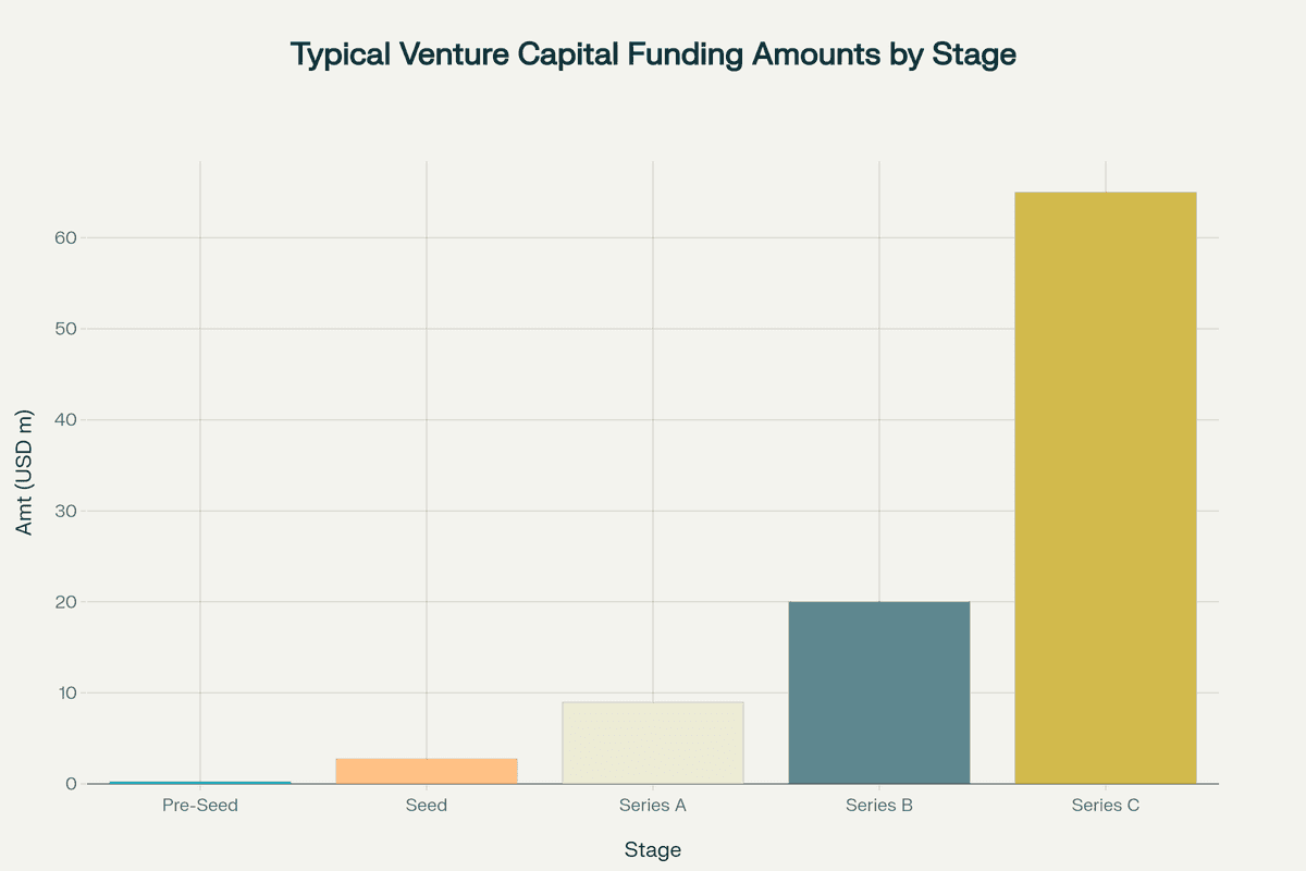 Typical venture capital funding amounts by stage from pre-seed through Series C and beyond